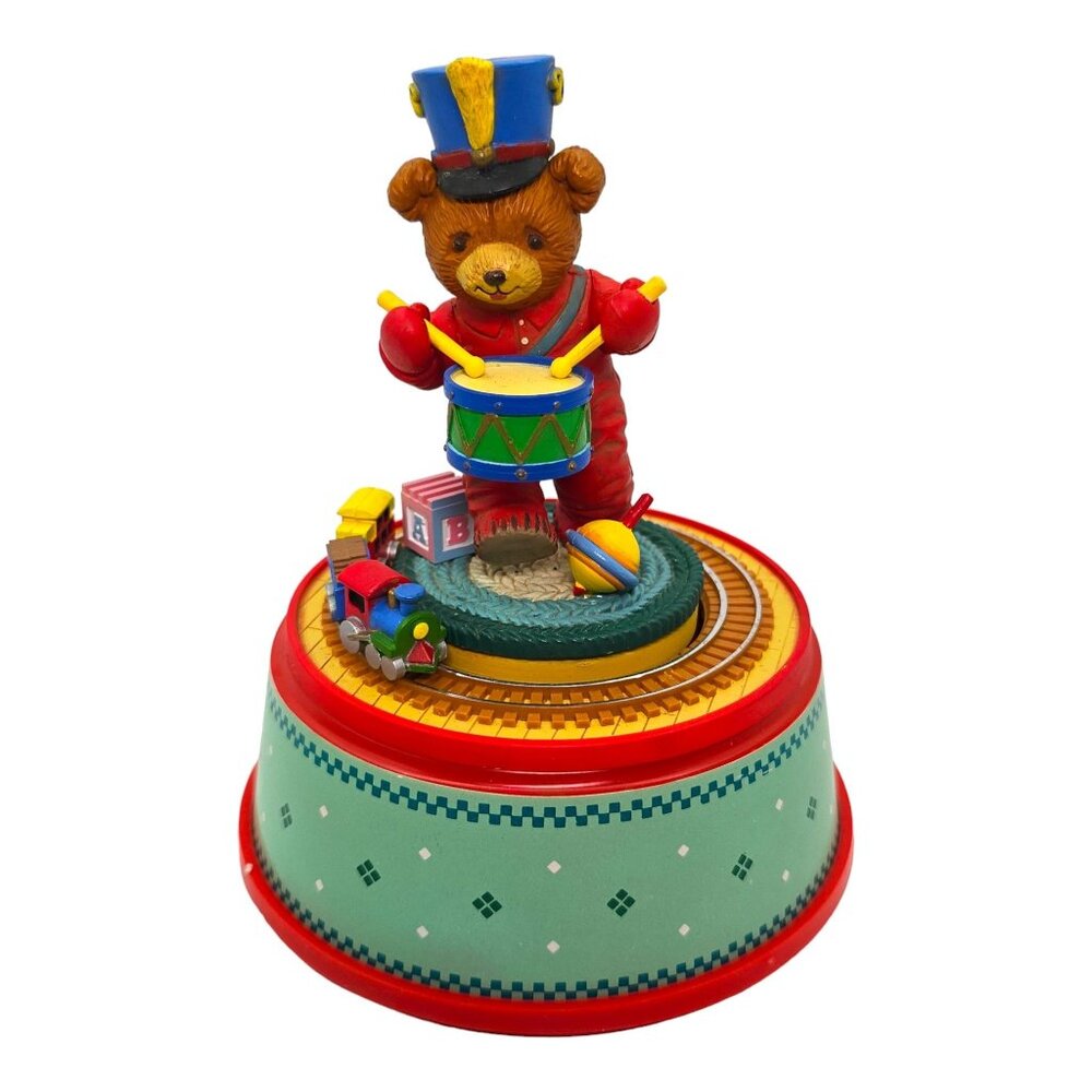 1988 Enesco Little Drummer Bear 5.5" Small World of Music Box Motion Christmas